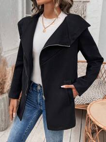 SHEIN LUNE Của phụ nữ Có khóa kéo Len Áo khoác - màu đen - Xem 4