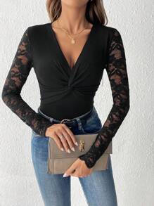 SHEIN Frenchy Women's Deep V-neck Lace Patchwork Twist Knot Detail Top - Black - View 1
