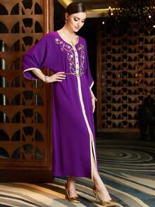 Al Najma Contrast Binding Batwing Sleeve Turkish And Arabic Traditional Kaftan - Purple - View 6