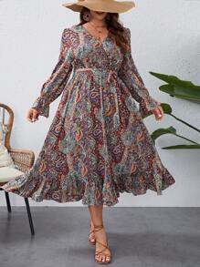 SHEIN VCAY Plus 佩斯利印花荷葉邊袖荷葉邊下擺洋裝搭配腰帶 - 彩色 - 查看 4