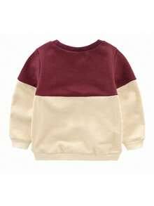 Sudadera Con Capucha Impresa Con Dibujos Animados Para Niñas Pequeñas De Color Contrastante Con Bolsillo De Parche - Burdeos - Ver 2