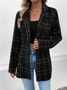 SHEIN LUNE 單扣西裝領格紋西裝外套 - 黑色 - 查看 3