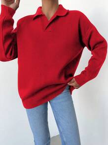 RueChic Women's Solid Color Drop Shoulder Sweater - Red - View 3