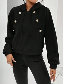 SHEIN Privé Women's Button & Drawstring Design Hoodie - Black - View 3