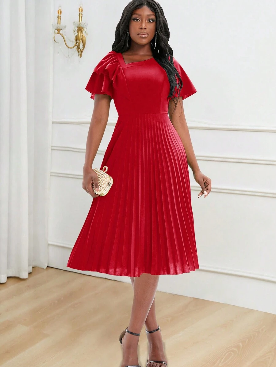 Women's Elegant Ruffle Sleeve Pleated Christmas Dress, Summer - Red - View 1