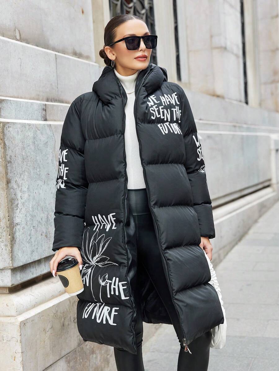 EURMUSE Veste matelassée mi-longue avec imprimé lettre et floral pour femmes grande taille, pour l'hiver - Noir - Voir 1