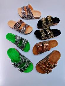 roulvxiang New Arrival Double Buckle Diamond Glitter Slides Pink Fashion Flat Slippers Women's Flat Sandals For Casual, Home, Street, Travel - Black - View 1