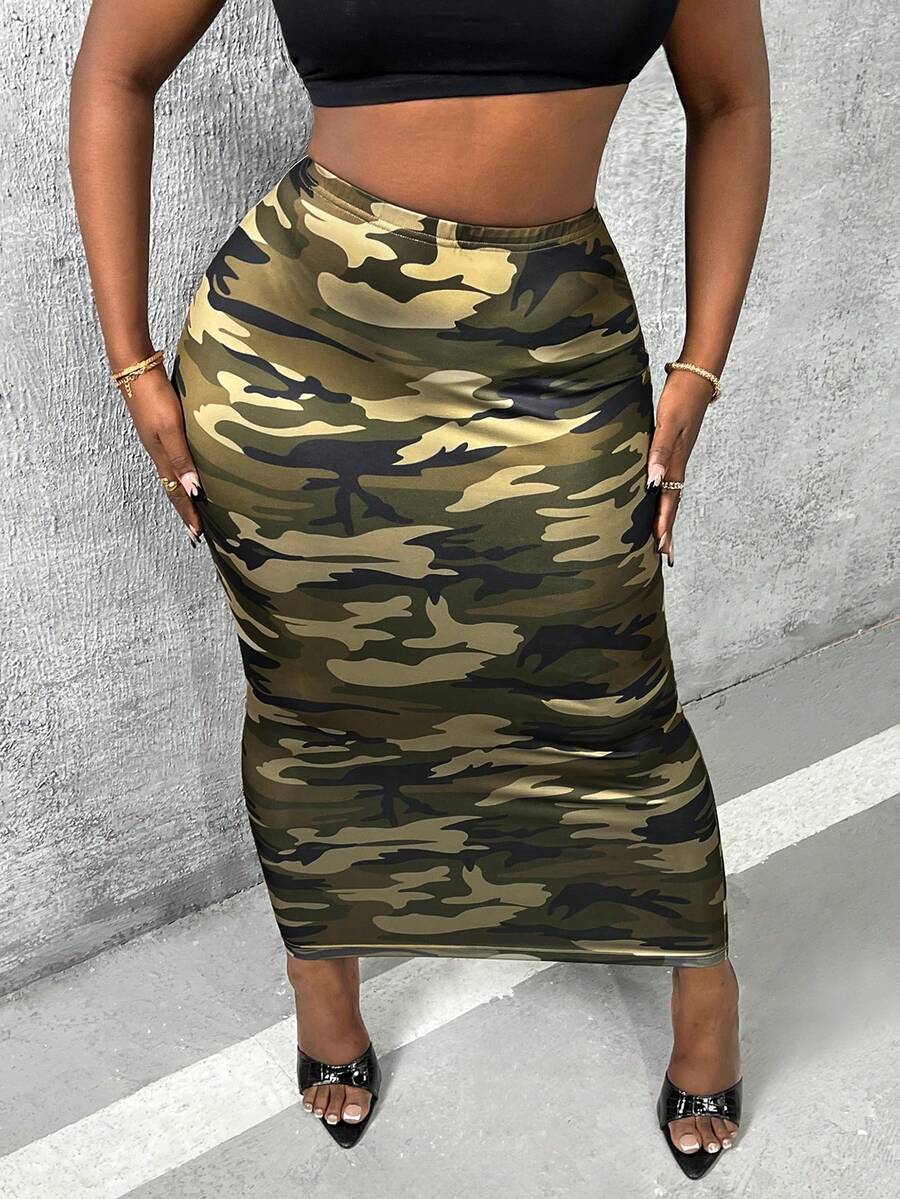 Slaydiva Camo Print Elastic Waist Pencil Skirt - Multicolor - View 1