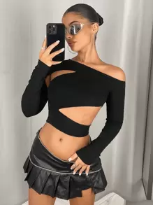 SHEIN ICON 不对称领口镂空短款 T 恤 - 黑色 - 查看 6