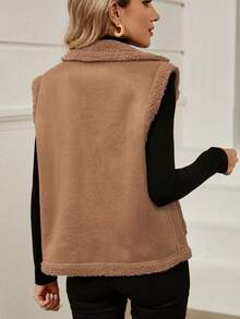SHEIN LUNE Của phụ nữ Vá lại Teddy Lông cừu Áo khoác vest - Màu Khaki - Xem 2