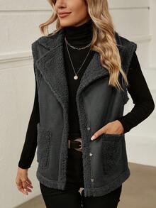 SHEIN LUNE Dual Pocket Teddy Lined Vest Jacket - Grey - View 3
