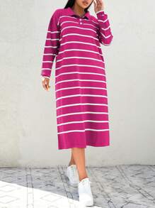 SHEIN Cottnline Vestido De Cuello De Polo A Rayas De Talla Grande - Rosa Fucsia - Ver 4
