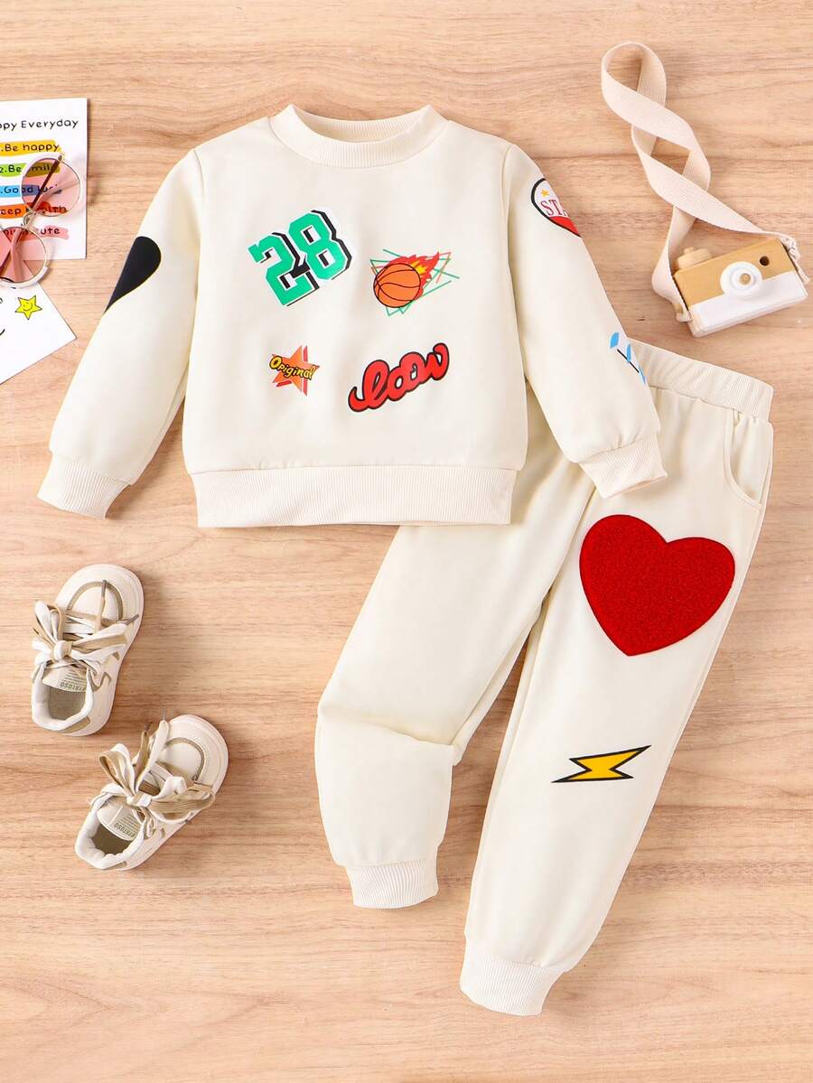 SHEIN 年轻女孩休闲复古街头时尚前卫运动风圆领长袖字母印花运动衫和打底裤两件套 - 杏色 - 查看 1
