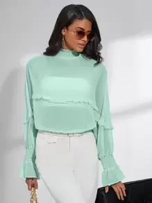 GENKIRA Chemise Pour Femmes Col Montant À Manches Chauve-souris - Vert - Voir 4