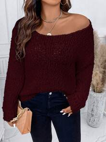 Calvaya Áo len nữ cỡ lớn, màu trơn, kiểu dáng vai rớt, thích hợp mặc mùa thu đông. - Màu Đỏ Sâu - Xem 7