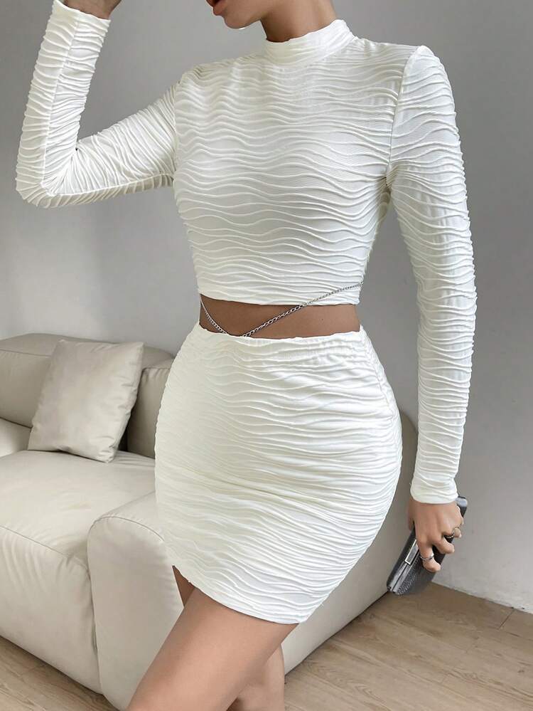 Plain Half Turtleneck Top And Skirt Set