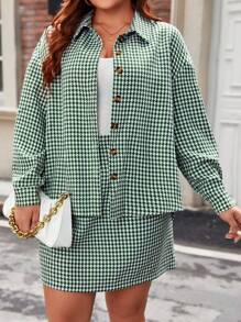 Celure Plus Size 2pcs Houndstooth Drop Shoulder Sleeve Shirt And Skirt Set