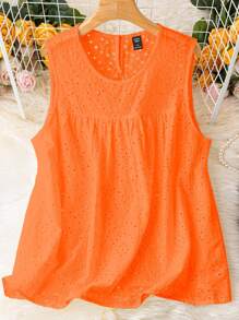 SHEIN LUNE Plus Size Hollow Out Embroidered Keyhole Back Tank Top - Orange - View 1