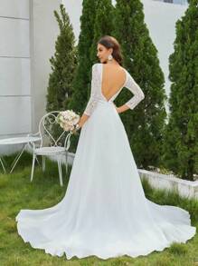 Lace Bodice Open Back Floor Length Wedding Dress - White - View 2
