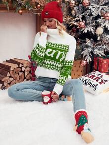 SHEIN Frenchy Của phụ nữ Cổ cao Áo len giáng sinh Với Lá thư & Họa tiết Hình học - màu xanh lá - Xem 3