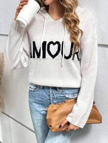 SHEIN Frenchy Của phụ nữ áo có mũ Áo len Với In thư - Đen và trắng - Xem 5