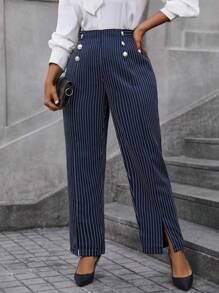 Calvaya Striped Metallic Button Detail Women's Long Pants - Navy Blue - View 1