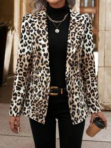 SHEIN LUNE Women's Leopard Print Suit Jacket - Brown - View 4