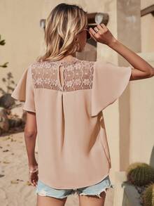SHEIN LUNE Lace Mock Neck Butterfly Sleeve Blouse - Apricot - View 2