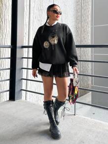 RueChic Plus 1pc Dandelion Print Drop Shoulder Sweatshirt - Black - View 5