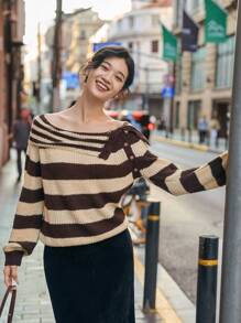 Dazy Star Striped Pattern Button Detail Sweater,Fall Clothes - Black and White - View 2