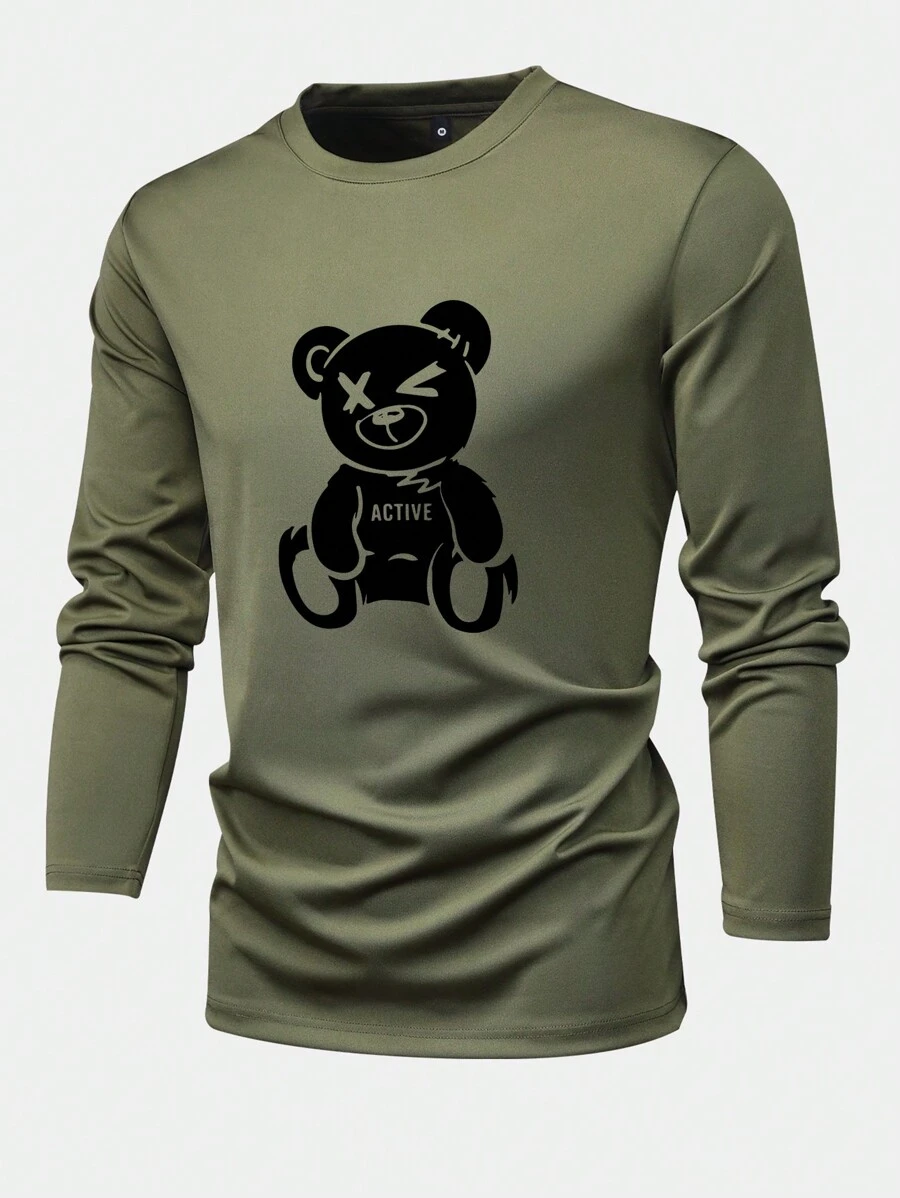 男士常規版型春秋長袖t卹,印有小熊和字母圖案,時尚休閒,適合運動外出 - 軍綠色 - 查看 1
