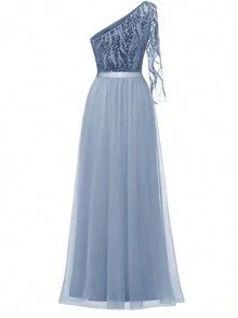 不对称领口亮片婚礼伴娘礼服，薄纱A字形舞会礼服 - 带亮片细节的新娘和正式晚礼服，婚礼宾客礼服