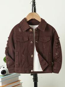 Boys' Distressed Denim Jacket - Coffee Brown - View 1