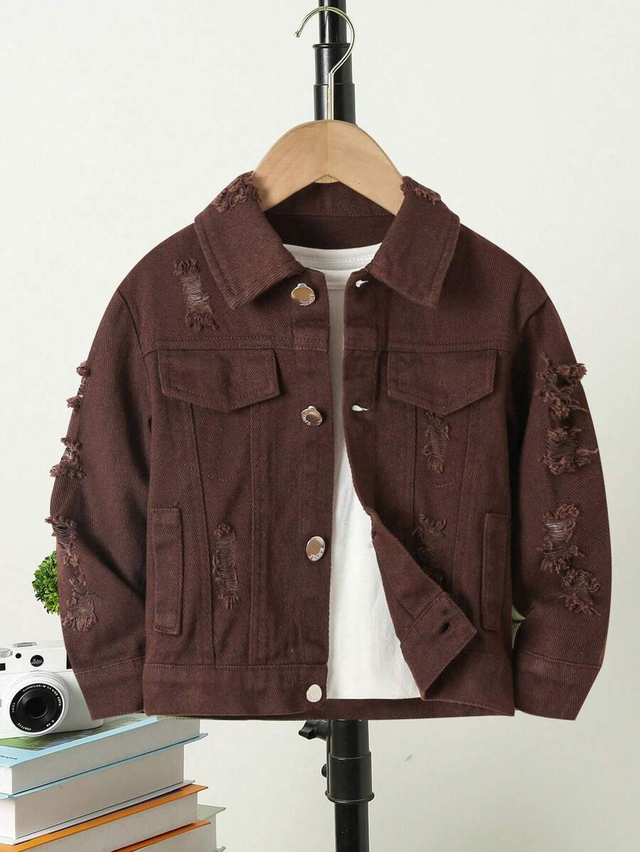 Boys' Distressed Denim Jacket - Coffee Brown - View 1