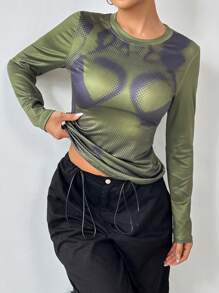 SHEIN LUNE Women's Thermal Sensitive Printing T-Shirt Fall Cloth For Women - Army Green - View 4