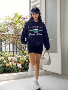 SHEIN EZwear Women's Hooded Sweatshirt With Letter Print And Drawstring - Navy Blue - View 4