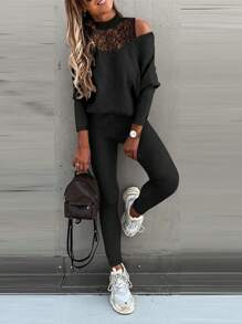 Chiquease Contrast Lace Cold Shoulder Tee & Leggings - Black - View 3