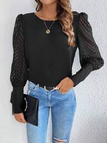 SHEIN Frenchy Women's Sheer Mesh Lantern Sleeve Blouse Summer Black Casual Elegant - Black - View 3