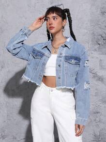 SHEIN PETITE Women'S Frayed Edge Cargo Pockets Denim Jacket - Light Wash - View 1