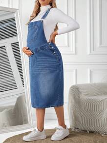 SHEIN Maternity Patched Pocket Overall Denim Dress Without Tee