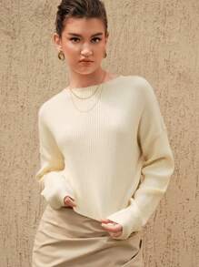 Anewsta Suéter de mujer de punto acanalado con hombros caídos para otoño e invierno - Beis - Ver 1