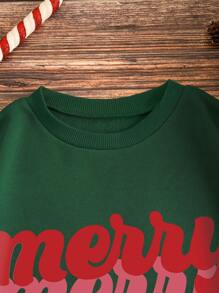 SHEIN EZwear 女聖誕快樂印花抓絨運動衫 - 墨綠色 - 查看 4
