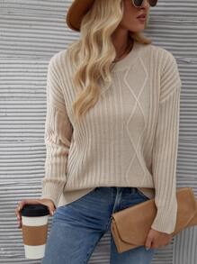 女性素色落肩袖套頭毛衣 - 杏色 - 查看 1