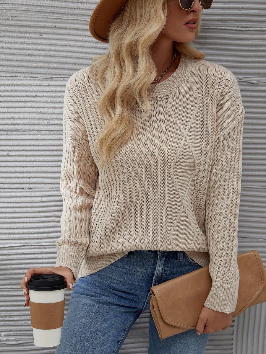 女性素色落肩袖套頭毛衣 - 杏色 - 查看 1