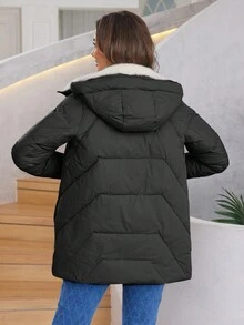 HaiLuoZi 女式字母印花贴袋休闲长袖连帽棉服外套 - 黑色 - 查看 5