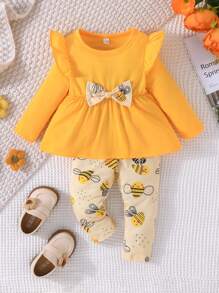 Baby Girl Ruffle Sleeve Bow Bee Printed Long Sleeve Top & Pants 2-Piece Set, Spring & Autumn - Yellow - View 8