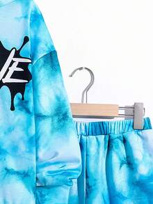 青少年男孩字母圖形漂染帽t加短褲 - 淺藍色 - 查看 4