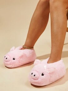 Pantuflas de cerrada con diseño de cerdo de dibujos animados para mujer, zapatillas de estar por casa cálidas para otoño/invierno - Rosa - Ver 3