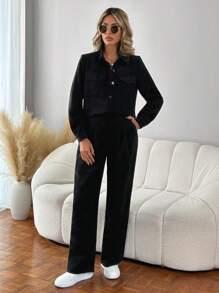 SHEIN LUNE Women's Notched Lapel Jacket And Pants Suit - Black - View 4