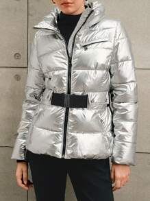 Anewsta 女款長版襯墊大衣配銀色縫製腰帶 - 銀色 - 查看 5